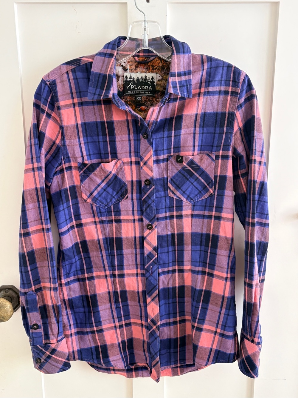 EUC Pladra Women's Button 100% Cotton Shirt Blue Pink Plaid USA XS